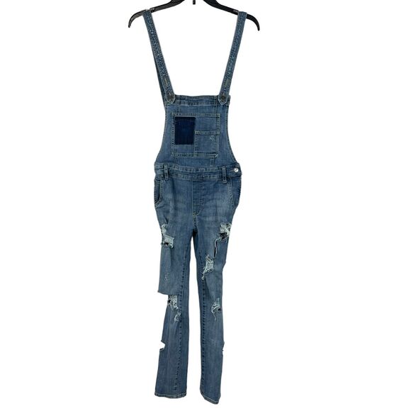 Free People SZ 25 Milo Denim Jean Overalls Distressed Pockets Side Zip Womens - Picture 1 of 12